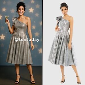Mac Duggal Size 8 Metallic Silver Brocade One Shoulder Ruffle Midi Gown Dress